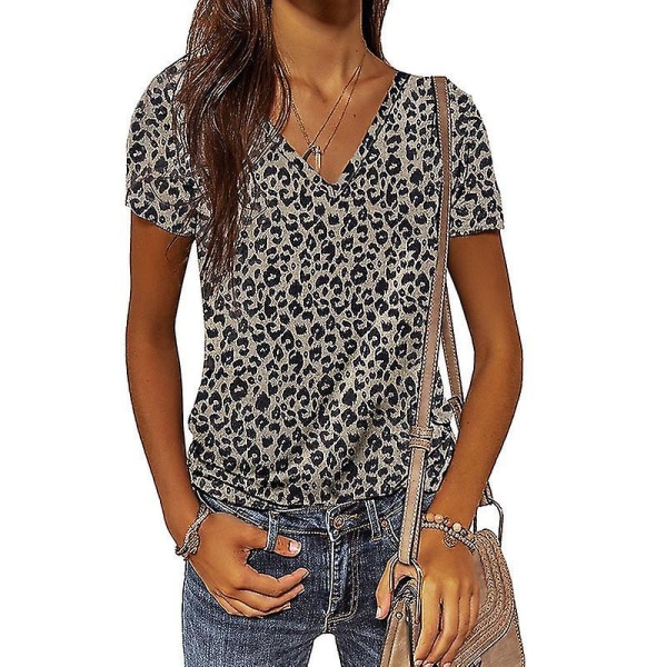 Sommer Kamuflasje T-skjorte For Kvinner Med V-hals Korte Ermer Leopard Pattern XL