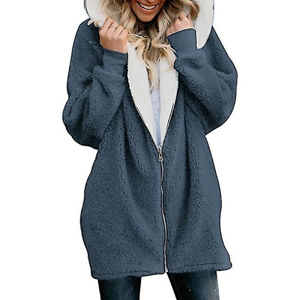 Naisten neuletakki vetoketjulla, löysä, yksivärinen, jatkettu hupullinen villaplyysitakki Denim Blue M