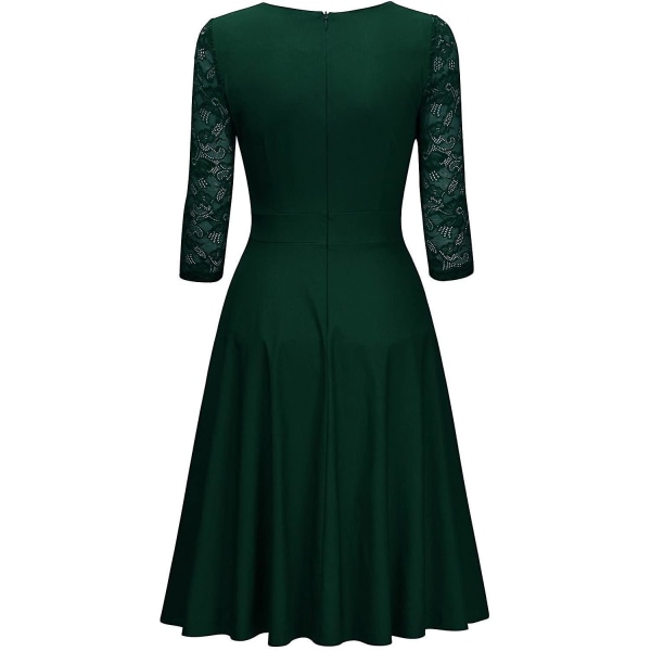 Dam vintage fyrkantig hals blommor spets2/3 ärm Cocktail Swing Dress blackish green XL