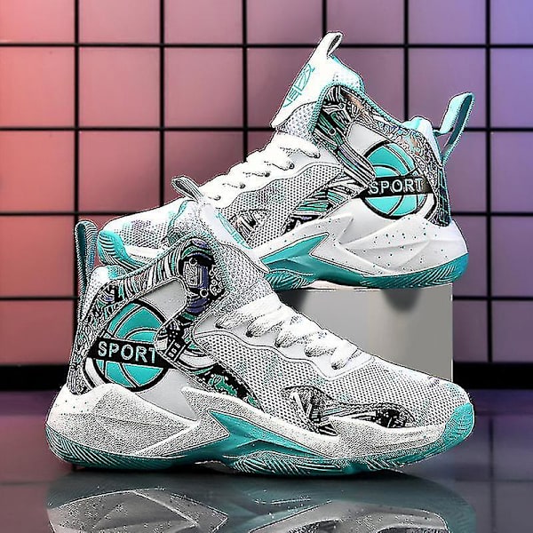 Barn Basketbollskor Andningsbara Sneakers Pojkar Flickor Sportskor Yj8768 WhiteGreen 34