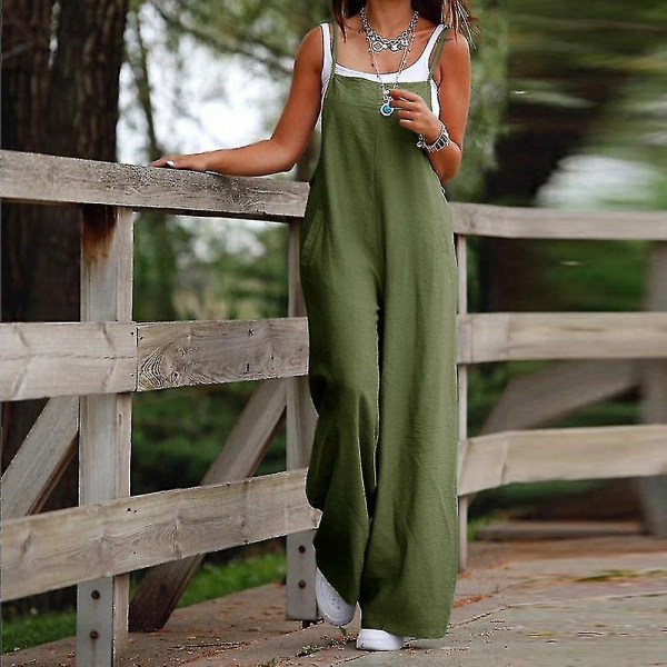 Plus Size Dame Bomull Lin Buksedress Jumpsuit Playsuit Vide Ben Overalls Bukser Army Green 5XL