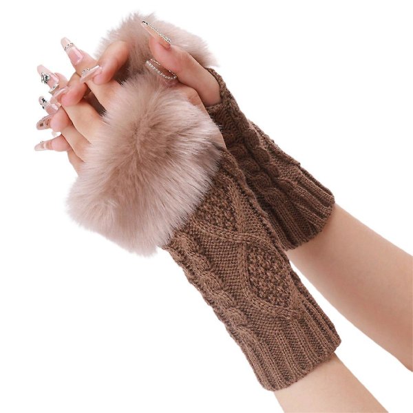 Kvinnors fluffiga fuskpäls fingerlösa handskar vinter varma stickade vantar arm handvärmare Khaki