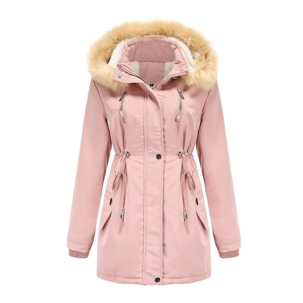 Tykk hetteparkas for kvinner, vindtette fleeceforede jakker med lommer Pink L