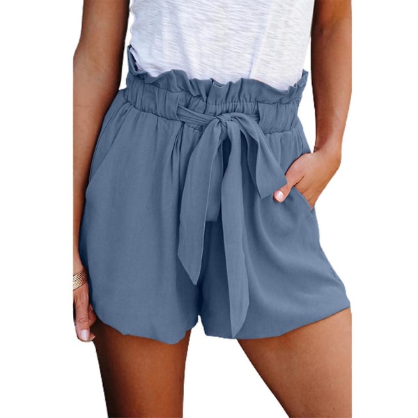 Dame Høy Midje Baggy Paperbag Shorts Sommer Casual Vide Ben Shorts Blue 3XL