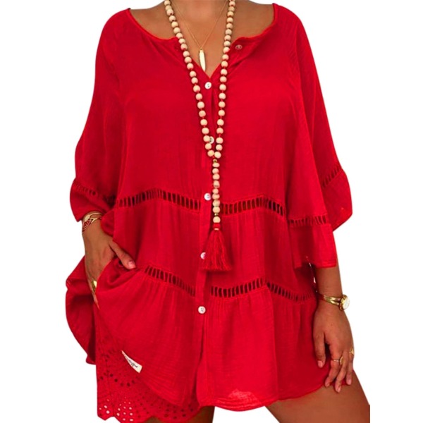 Dame Bomuld Linned Hulmønster Flæse Pullover Tunika Toppe Bluse Skjorte Plus Størrelse Red 3XL