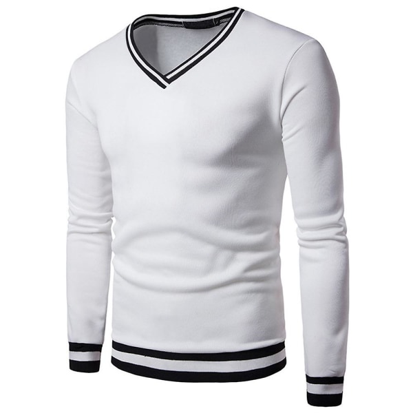Herr Colorblock V-ringad Långärmad Tröja Casual Slim Fit Pullover Jumper Toppar White L