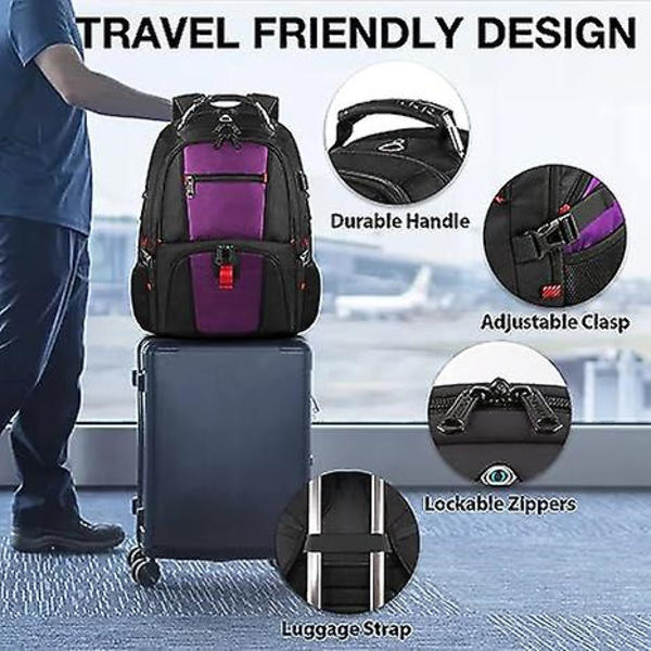 Matkareppu, 50 litran erittäin suuret kannettavan tietokoneen reput miehille ja naisille, vettähylkivä college-reppu, lentoyhtiön hyväksymä työreppu USB-latauksella purple