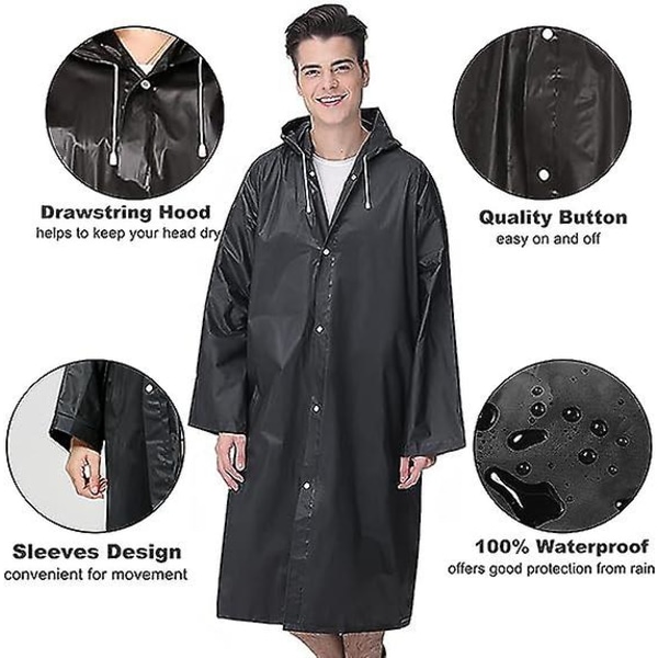 Voksen Regnfrakk Gjenbrukbar, Unisex Nødregnfrakk, Regnfrakk Med Hette Og Snøring black XL