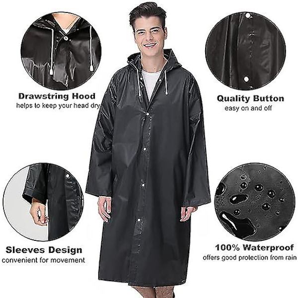 Vuxen Regnrock Återanvändbar, Unisex Nödregnrock, Regnrock Med Huva Och Dragsko black L