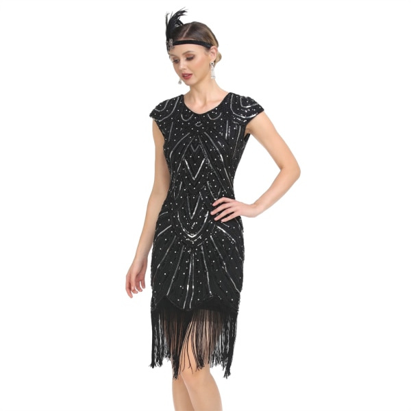 Vintage Flapper Klänningar från 1920-talet för kvinnor Kristallpärlfransade Great Gatsby-klänning Black Black L