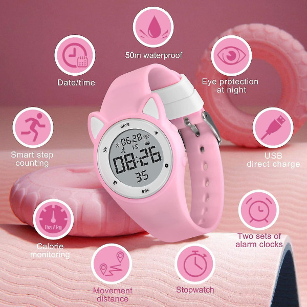 Digitalt Børneur Børn Vandtæt Sportsur Fitness Tracker Med Skridttæller Pink