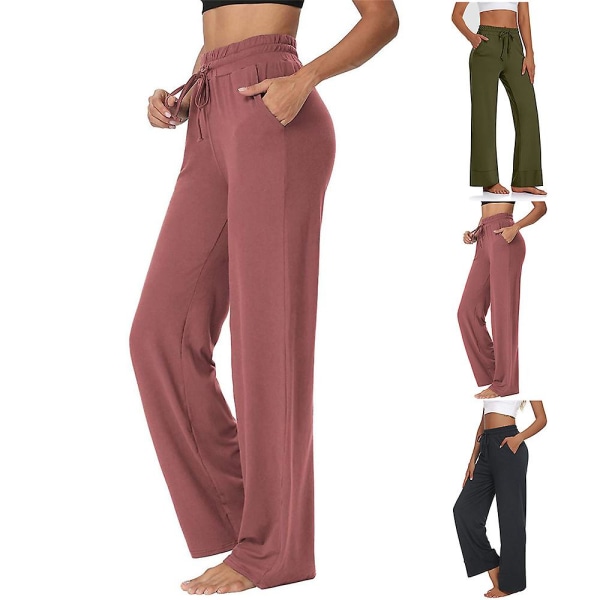 Dam elastisk midja casual yoga byxor långa vida ben raka byxor baggy bottnar Bean Paste M