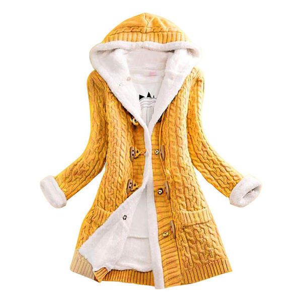 Dam Cardigans med huva Tjock Plyschfodrad Stickad Tröja Kappa med Fickor Yellow S