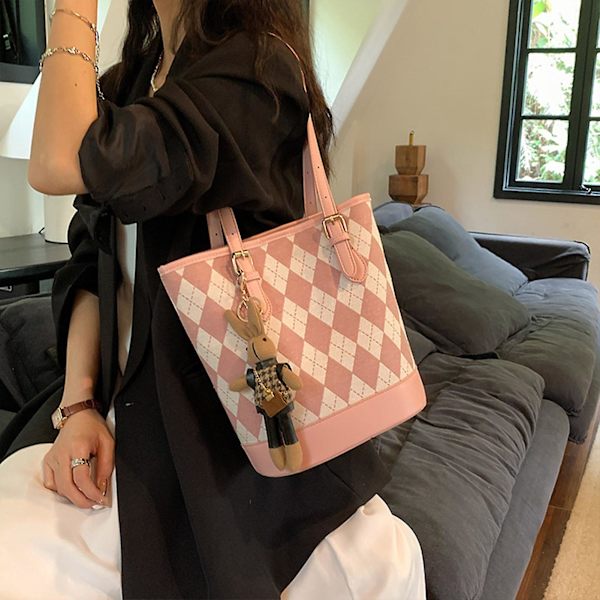 Bucketväska för damer, axelväska med handtag, satchel-väska med rombmönster för kontor, skola och shopping Pink