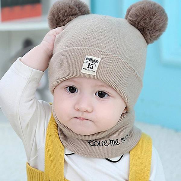 Baby Barn Pojke Flicka Päls Pom Pom Mössa Halsduk Set Tofs Vinter Stickad Mössa Khaki