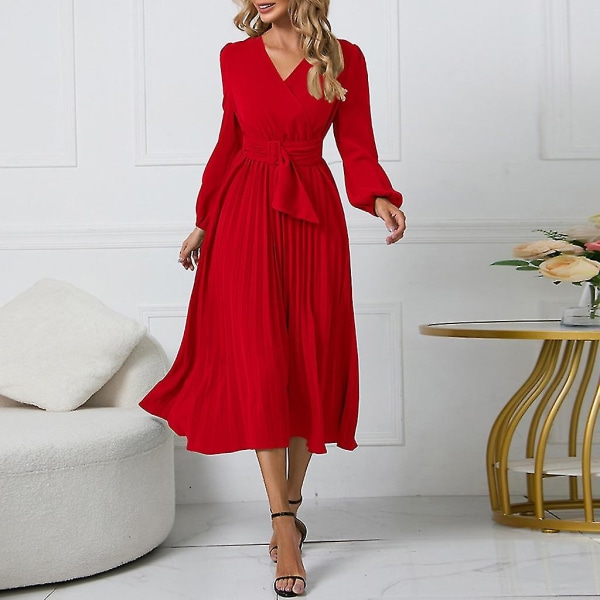 Elegant Dame Langærmet Midi Kjole Med Bælte Fest Bryllupsgæst Kontorkjoler Red M