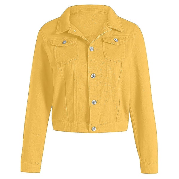 Naisten yksivärinen denim-takki, pitkähihainen neuletakki, taskutakki Yellow S