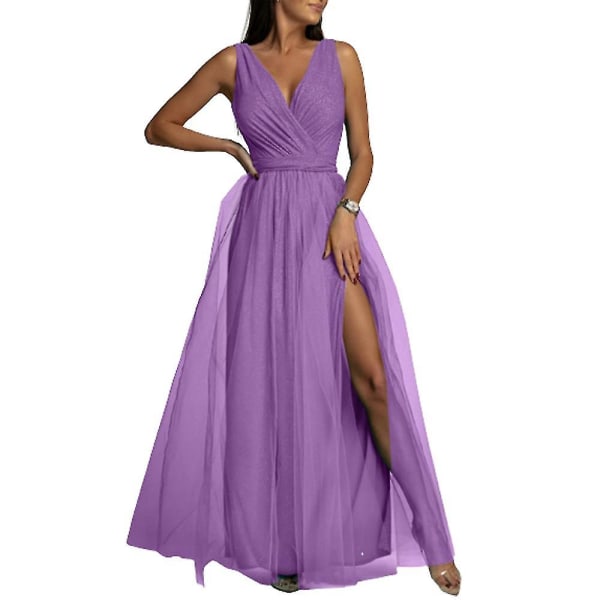 Dame V-hals Brudepike Bryllup Maxi Kjole Ballkjole Aften Cocktail Party Splitt Lange Kjoler Beste Gave Purple L