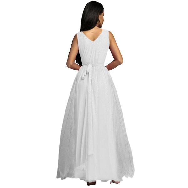 Dame V-hals Brudepige Bryllup Maxi Kjole Dame Galla Balkjole Aften Cocktail Party Slids Lange Kjoler Bedste Gave White 2XL