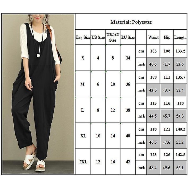 Kvinnor Casual Solid Jumpsuit Lös Baggy Linne Dungarees Byxor Playsuit Overall Romper Black S