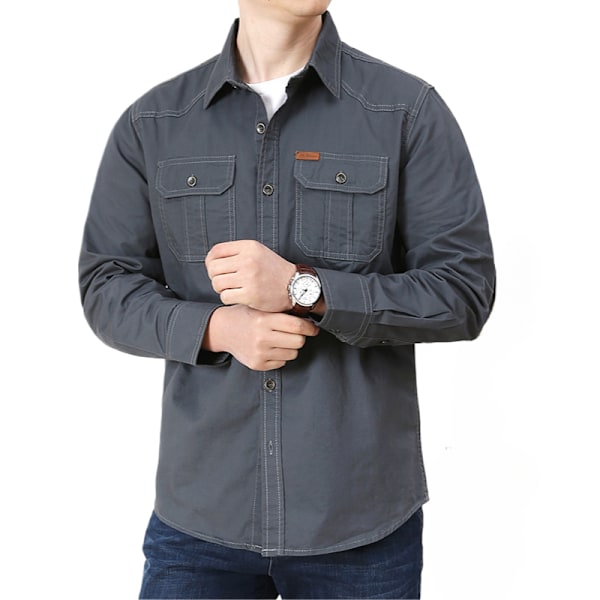 Herre skjorte ensfarget avslappet løs langermet skjorte herre arbeidsklær lommedesign stil jakke grey 4XL-195