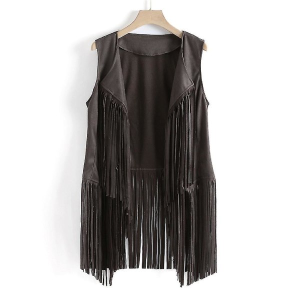 1970-tals Dam Tofs Ärmlös Kavajväst 70-tals Hippie Faux Mocka Fransad Väst Jacka Kofta Grey L