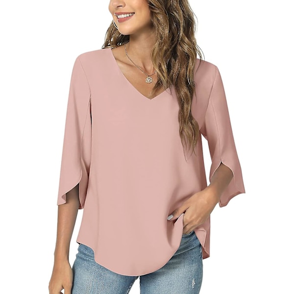 Sommar kvinnor casual skjorta, V-hals lös tunika topp för leggings, split 3/4 ärmar chiffong blus Pink Large