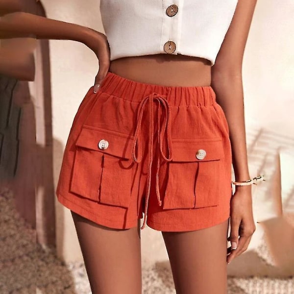 Dame Baggy Elastisk Midje Hot Pants Sommer Løse Shorts med Rett Ben Orange M