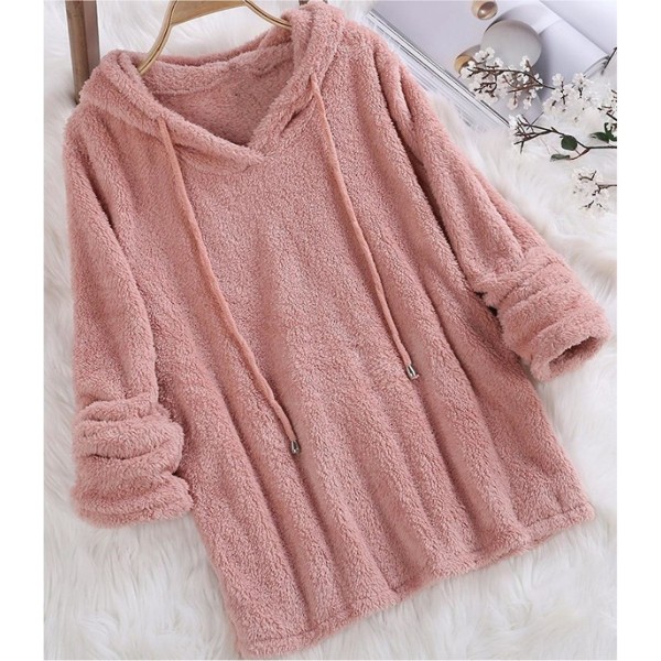 Plus Size Höst Vinter Dam Långärmad Huva Plysch Fluffiga Hoodies Fleece Pullover Pyjamas Lös Beige 4XL