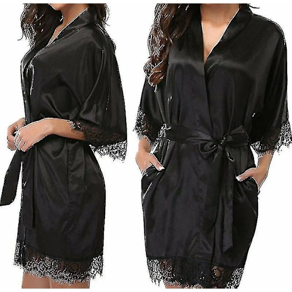 Satin Robe Bröllop Brudtärna Kimono Klänning Nattlinne Badrock -c Black M