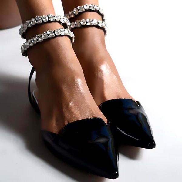 Glitter Krystal Flade Sandaler Dame Sommer Spids Tå Pink Festsko Black Patent Leather 40