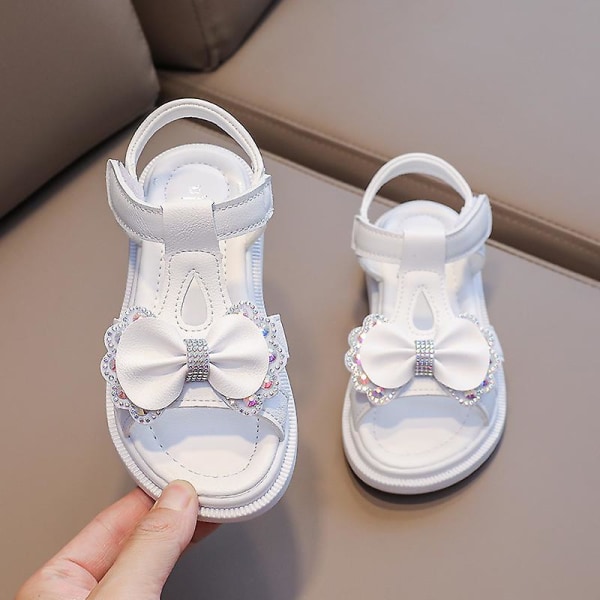 Pigesandal Børn Sommer Elegant Bling Rhinestone Fest Prinsesse Strandsko Sød Sløjfe Skolesko Til Børn Flad Hæl F05201 White 29