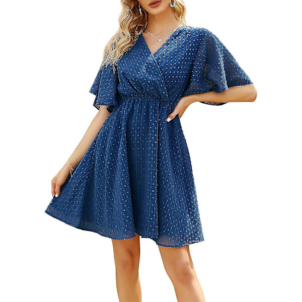 Sommer Casual Kjole til Kvinder V-Hals Flæseærme Kjole Tunika Flæse Mini Kjole Lake Blue XXL