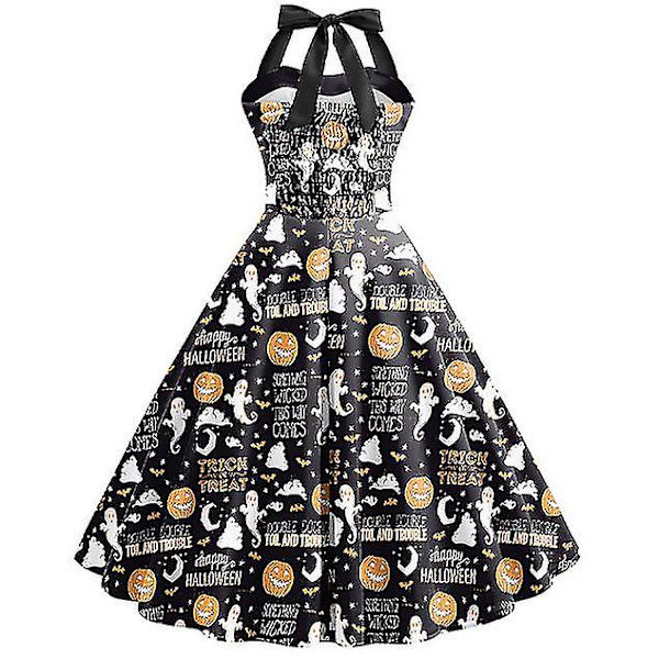 Halloween Dame Græskar Flagermus Spøgelse Skelet Print Ærmeløs Rund Hals Afslappet Kant Kjole COLOR 4 XL