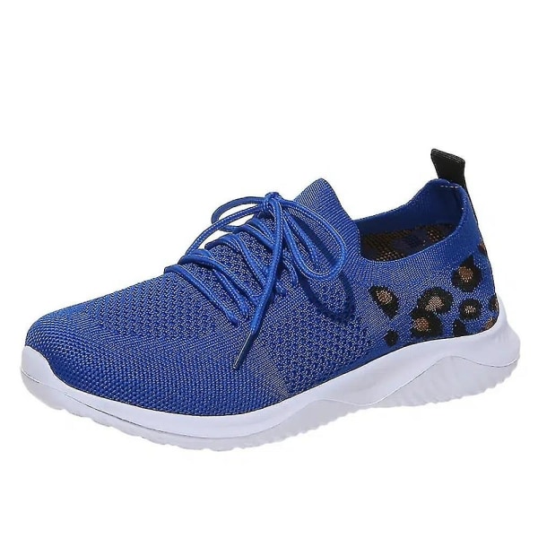Dame Snøresko Sneakers Casual Sko Åndbare Flyvende Vævede Leopard Sportssko Blue 35