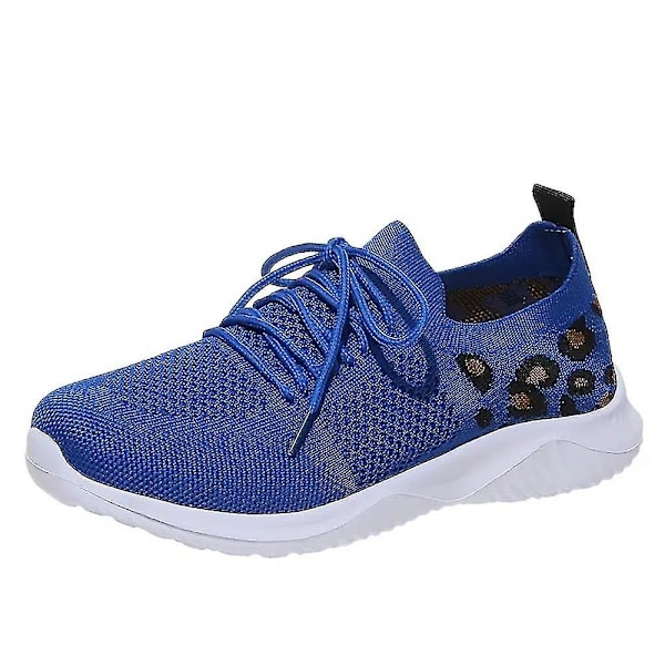 Dame Snøresko Sneakers Casual Sko Åndbare Flyvende Vævede Leopard Sportssko Blue 41