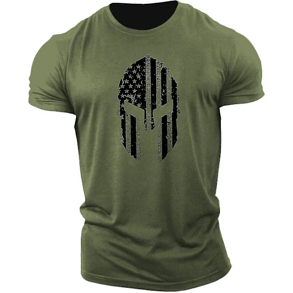 Herr T-shirt i ren bomull med hjälmmönster, bodybuildingtopp, kortärmad Army Green L
