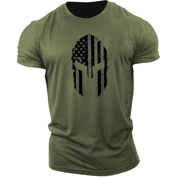 Herr T-shirt i ren bomull med hjälmmönster, bodybuildingtopp, kortärmad Army Green S