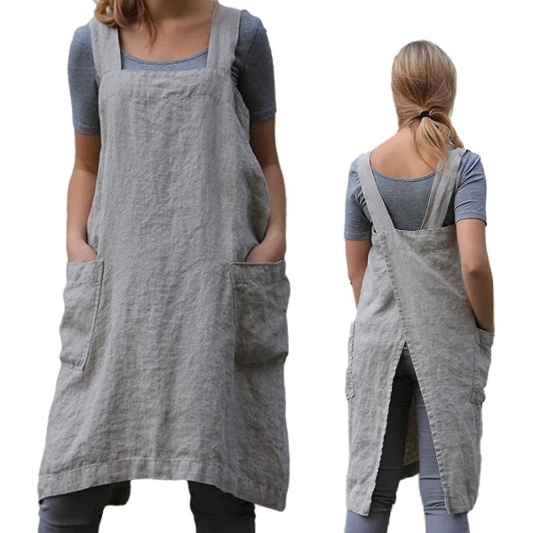 Hageforkle for kvinner, kryssryggforkle med lommer, japansk forkle til arbeid, hagearbeid, matlaging, maling, baking 2XL