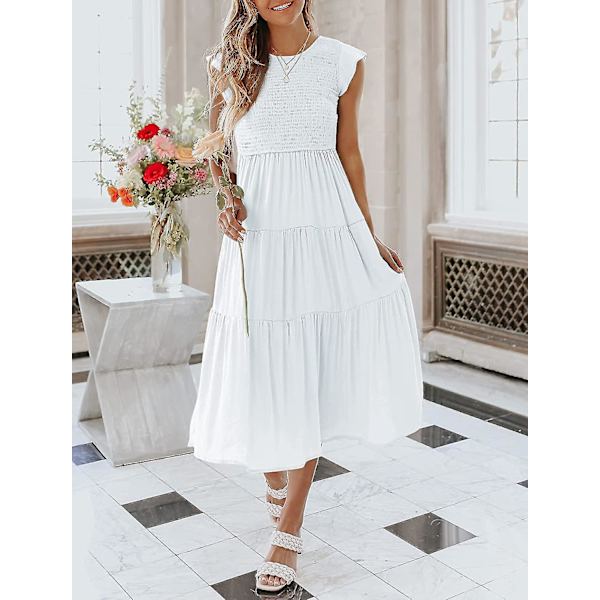 Sommarklänning för damer, ledig, med korta fjärilsärmar, rund hals, smockad resår i midjan och volangkjol i midilängd White Medium