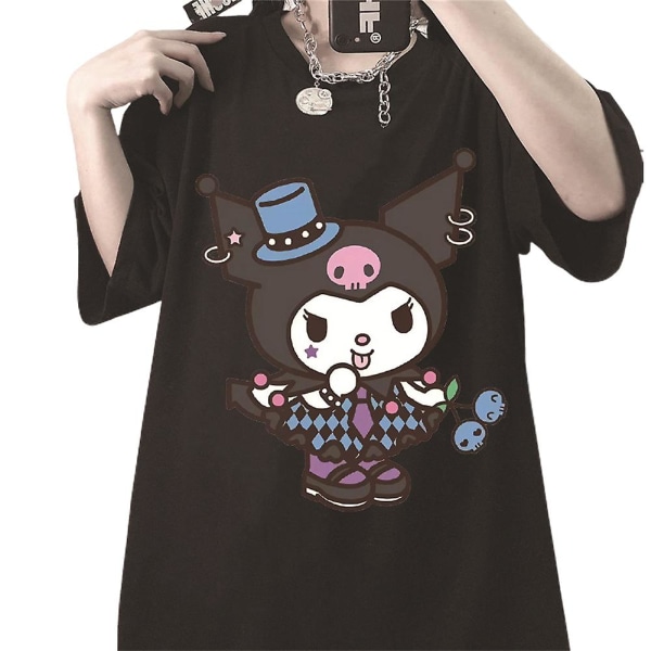 Söt Kuromi- print Harajuku-tröja för tonåringar för kvinnor Toppar med kort ärm sommar, rund hals och lös passform Casual T-shirts Black 2XL