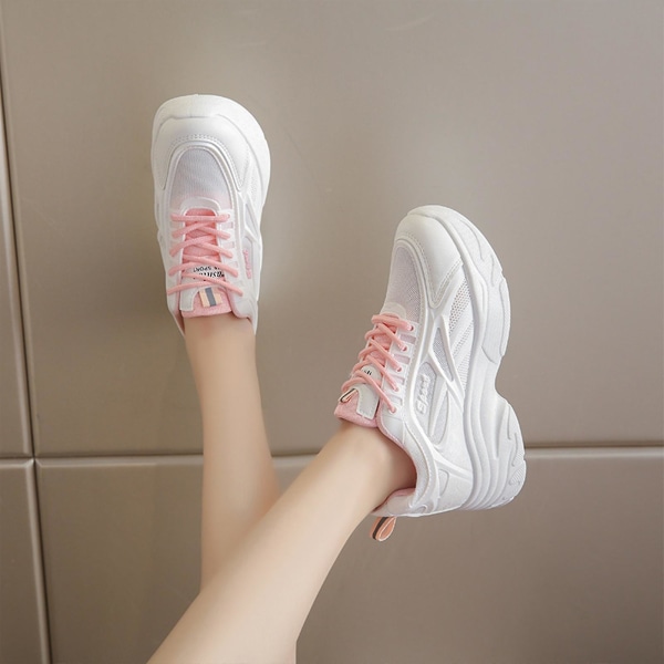 Tyksålede sportssko til kvinder, koreansk retro platformssneakers med snørebånd, velegnet til forskellige lejligheder Pink 37