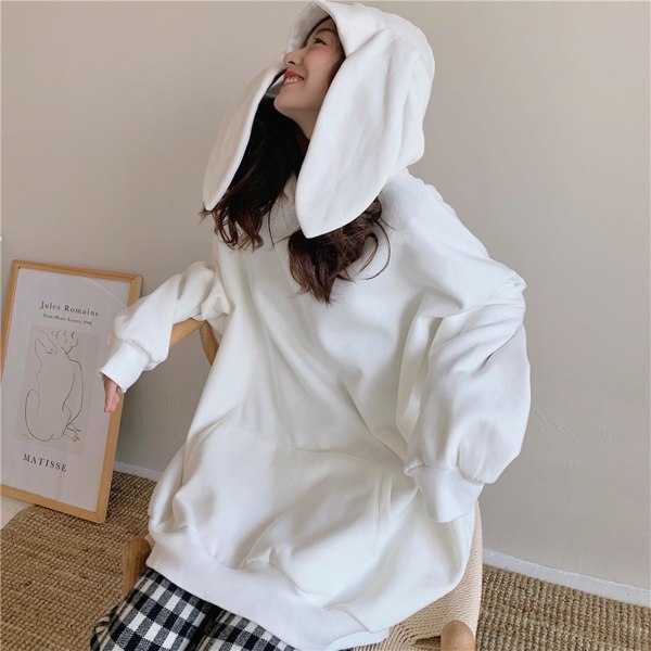 Bunny Hoodie Vår och Höst Koreansk Stil Lös Långärmad Topp Dam Huvtröja White XL