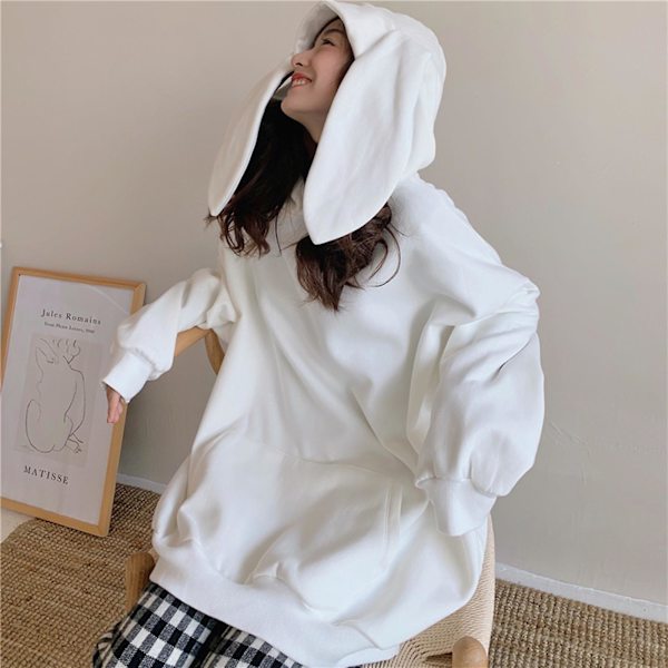 Kanin Hoodie Vår Och Höst Koreansk Stil Lös Långärmad Topp Dam Huvtröja White M