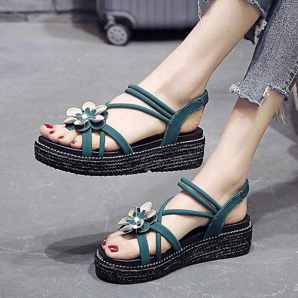 Romansk damesandal med elastisk bånd, åpen tå og plattform, sklisikker Dark green 40