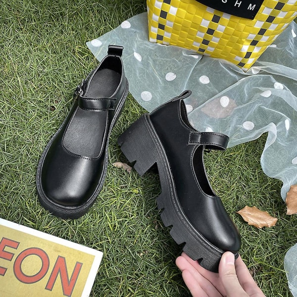 Damespenne Sko i Skinn med Høy Hæl, Slitesterke Sko med Rund Tå for Daglig Bruk 35 Bright Leather Black