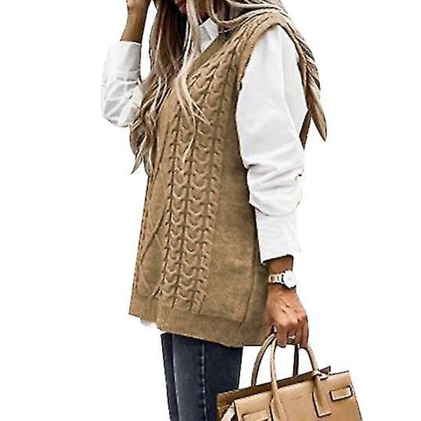 Dame Sweater Vest Dame Oversized V-hals Ærmeløse Sweaters khaki S