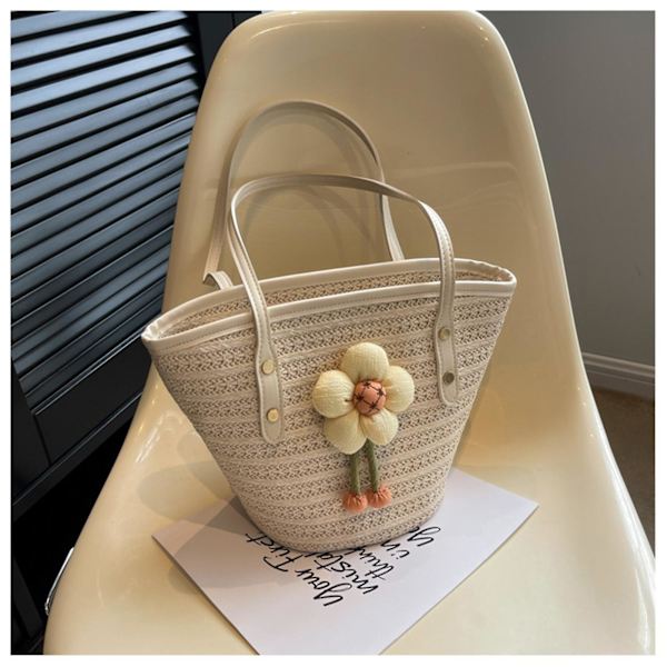 Sommar Tote Väska Dam Satchel Väska Stor Kapacitet Vävd Handväska Med Blomdekor För Jul Födelsedag Strandsemester Creamy-white
