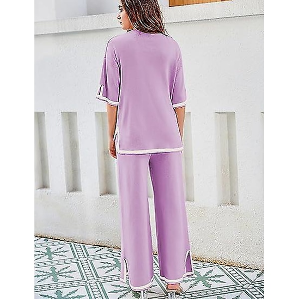 Fashion Kostym Färgkontrast Split Kortärmad Stickad + Högmidjade Slankande Vida Byxor Tvådelad Set purple M