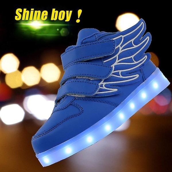 Led Light Up Hi-top Skor Med Wing USB Uppladdningsbara blinkande Sneakers För Småbarn Barn Pojkar Flickor Blue 29